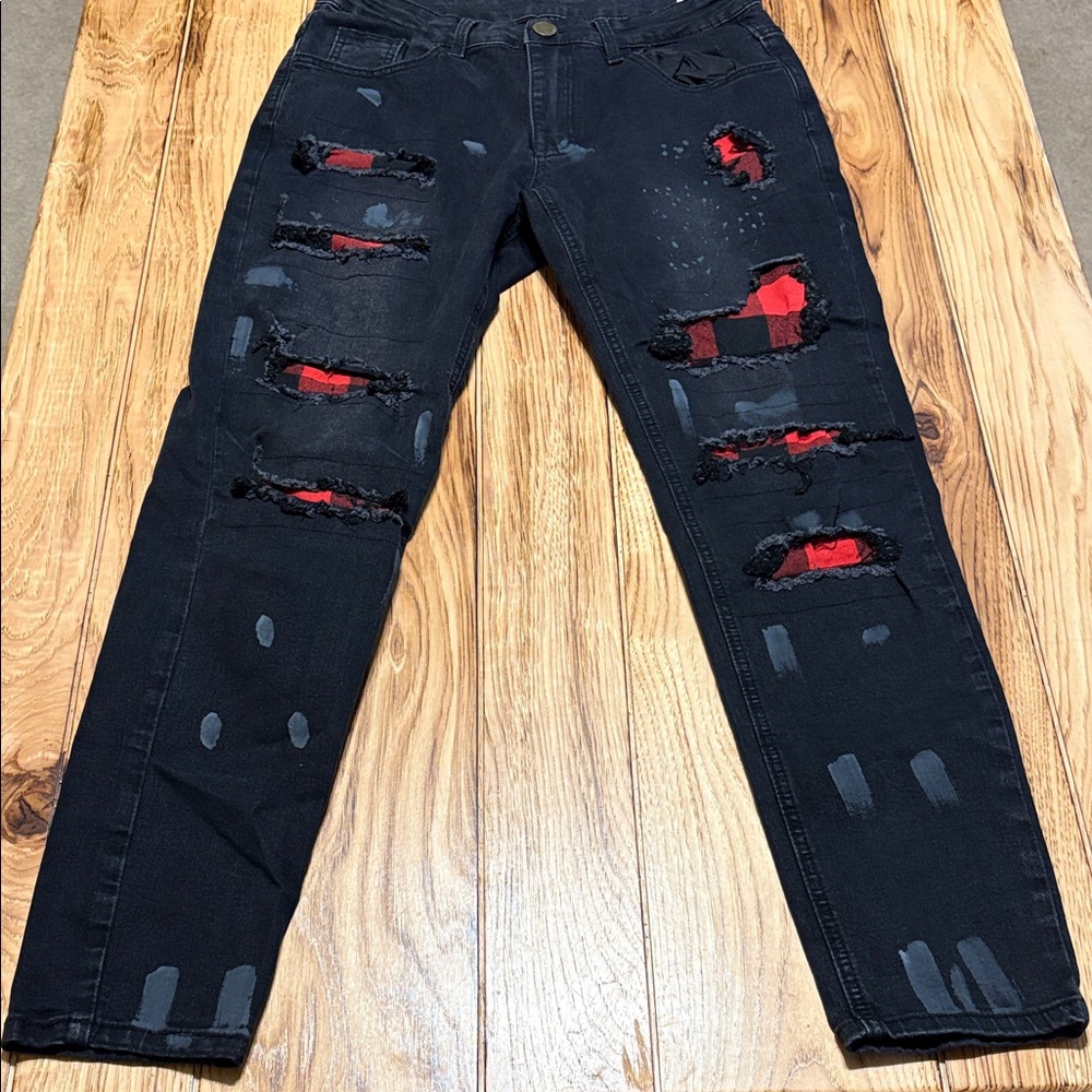 ROMWE Black and Red Jeans with Distressed Details NWOT